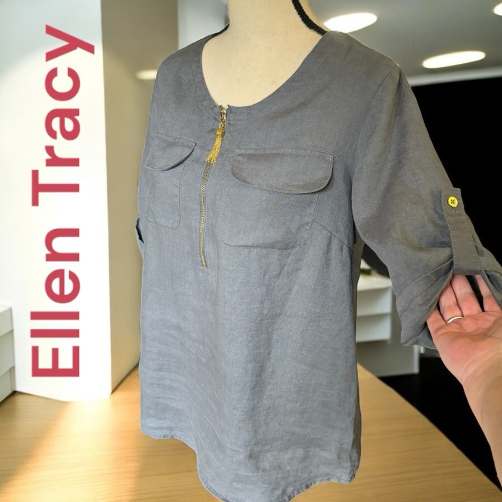 Ellen Tracy-Linen blouse. Size small. Gray with gold tassel/zipper. Gorgeous EUC - Picture 8 of 15